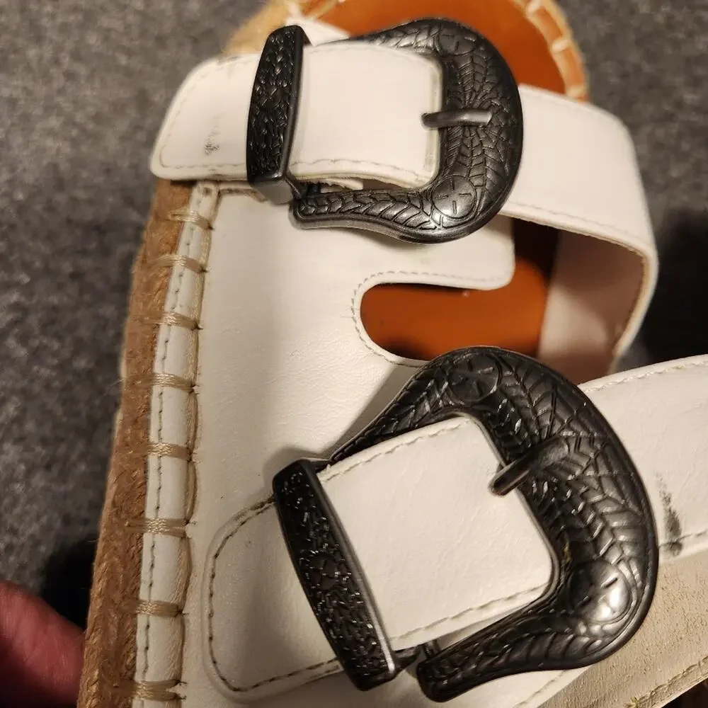 TRUE CRAFT‎ Shaker White Double Strap Buckle Espadrille Slide Sandal Womens 7.5